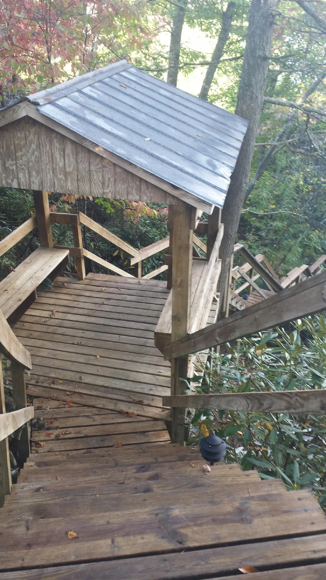 Metal roofed shelter over wooden steps on a wooded walkway — Skylight Repair & Installation work by our crew in Radford